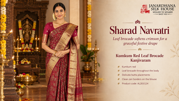 Styling Kumkum Red for Sharad Navratri: The Grace of Leaf Brocade and Festive Kanjivarams