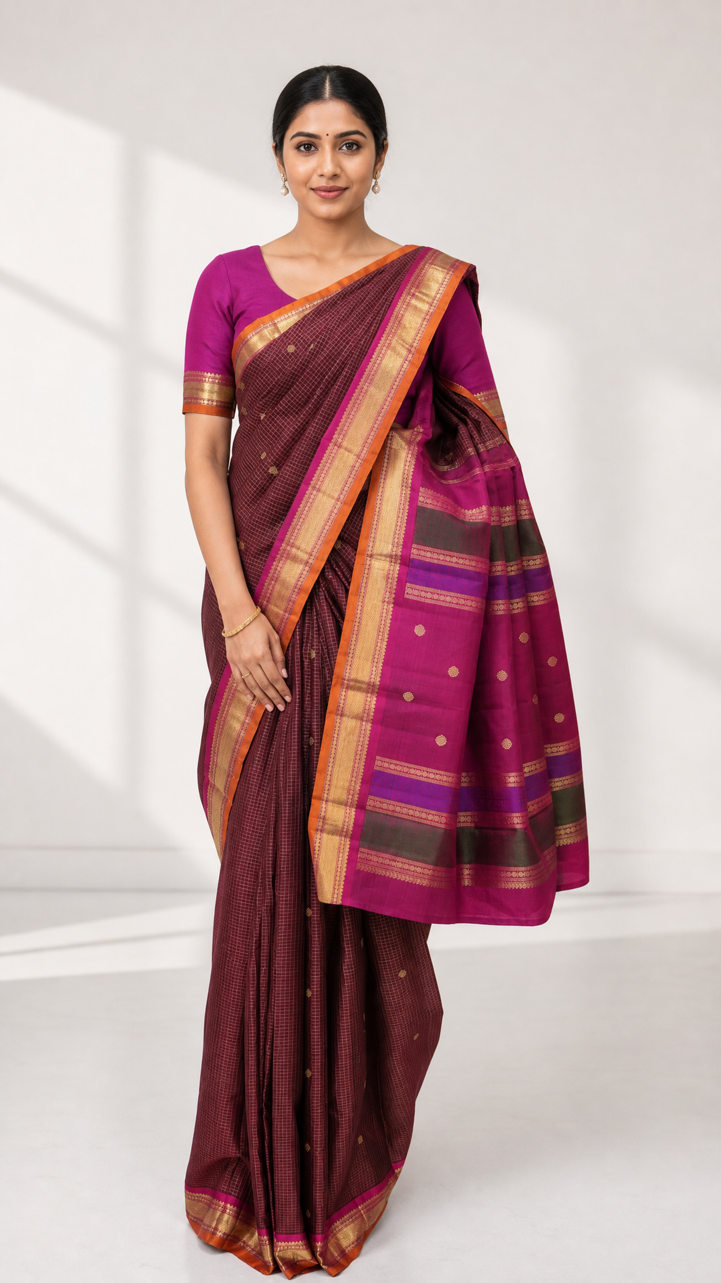 woman wearing maroon and magenta kanjeevaram saree with jari katam butta design