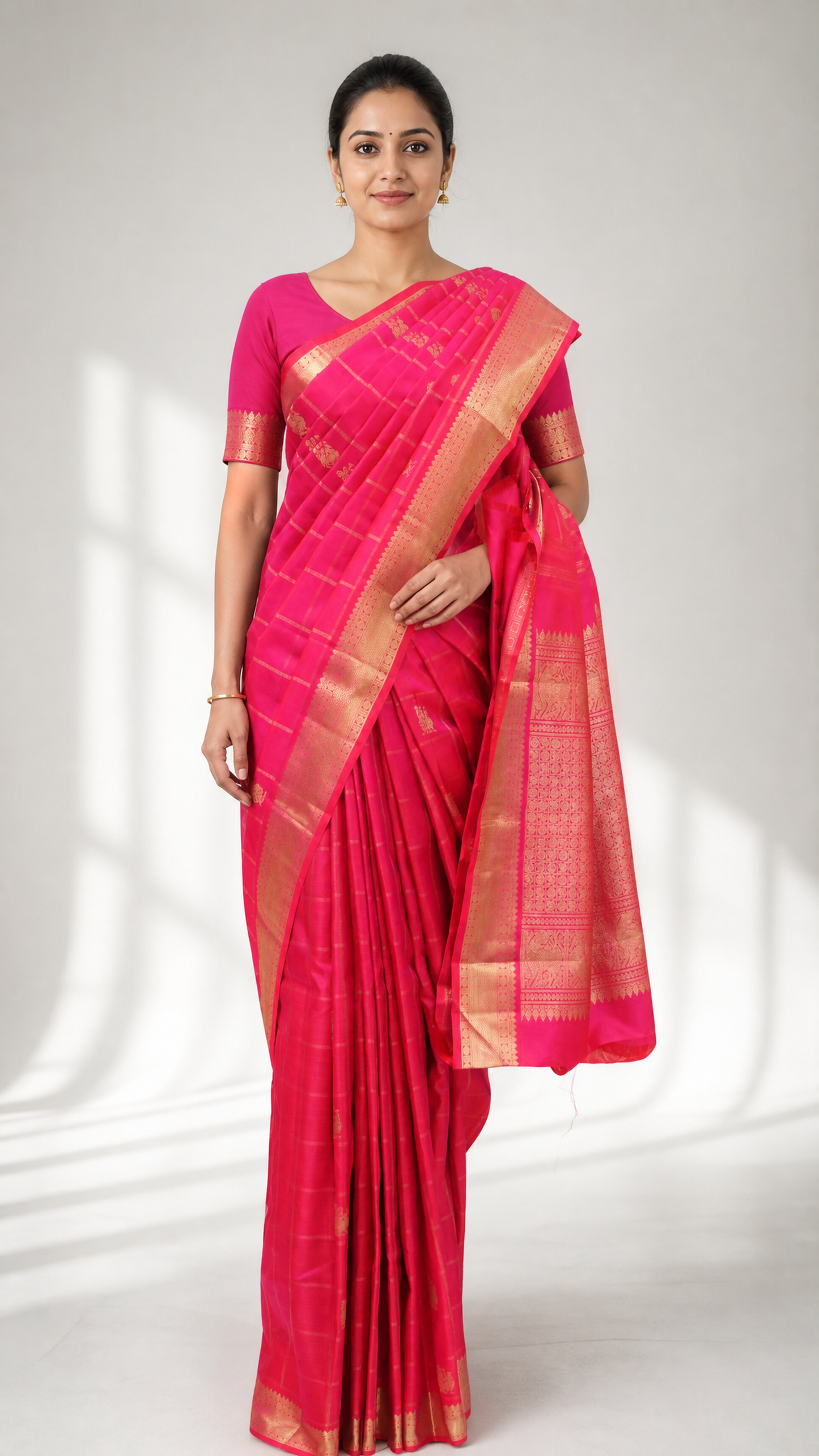 woman wearing rani pink pure kanjivaram zari silk saree with gold zari border