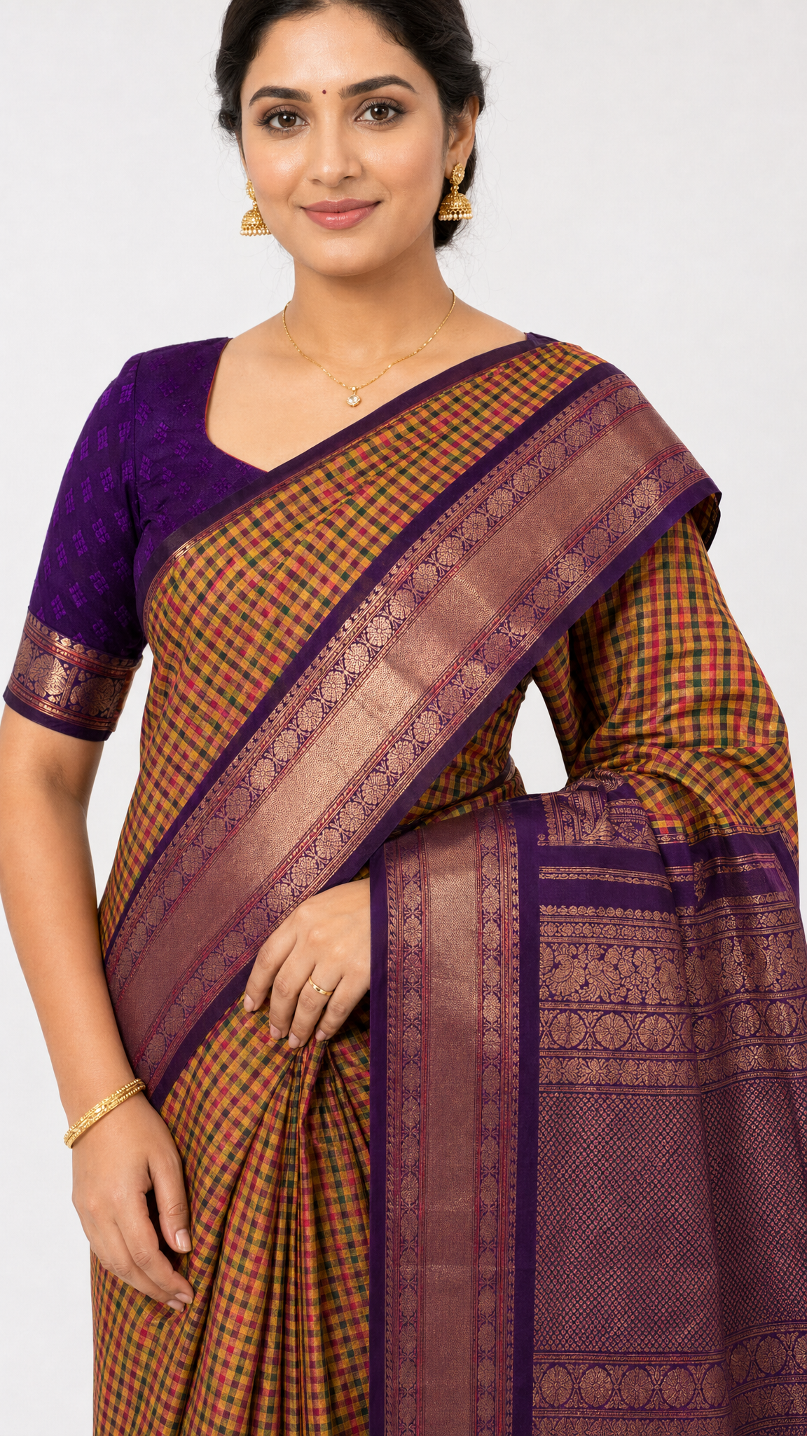 kanjeevaram silk saree close-up, orange checks with purple maroon pallu border