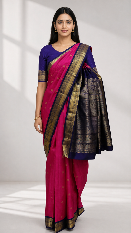 Woman wearing a Kanjeevaram saree in rani pink with navy blue korvai border and pure jari body butta