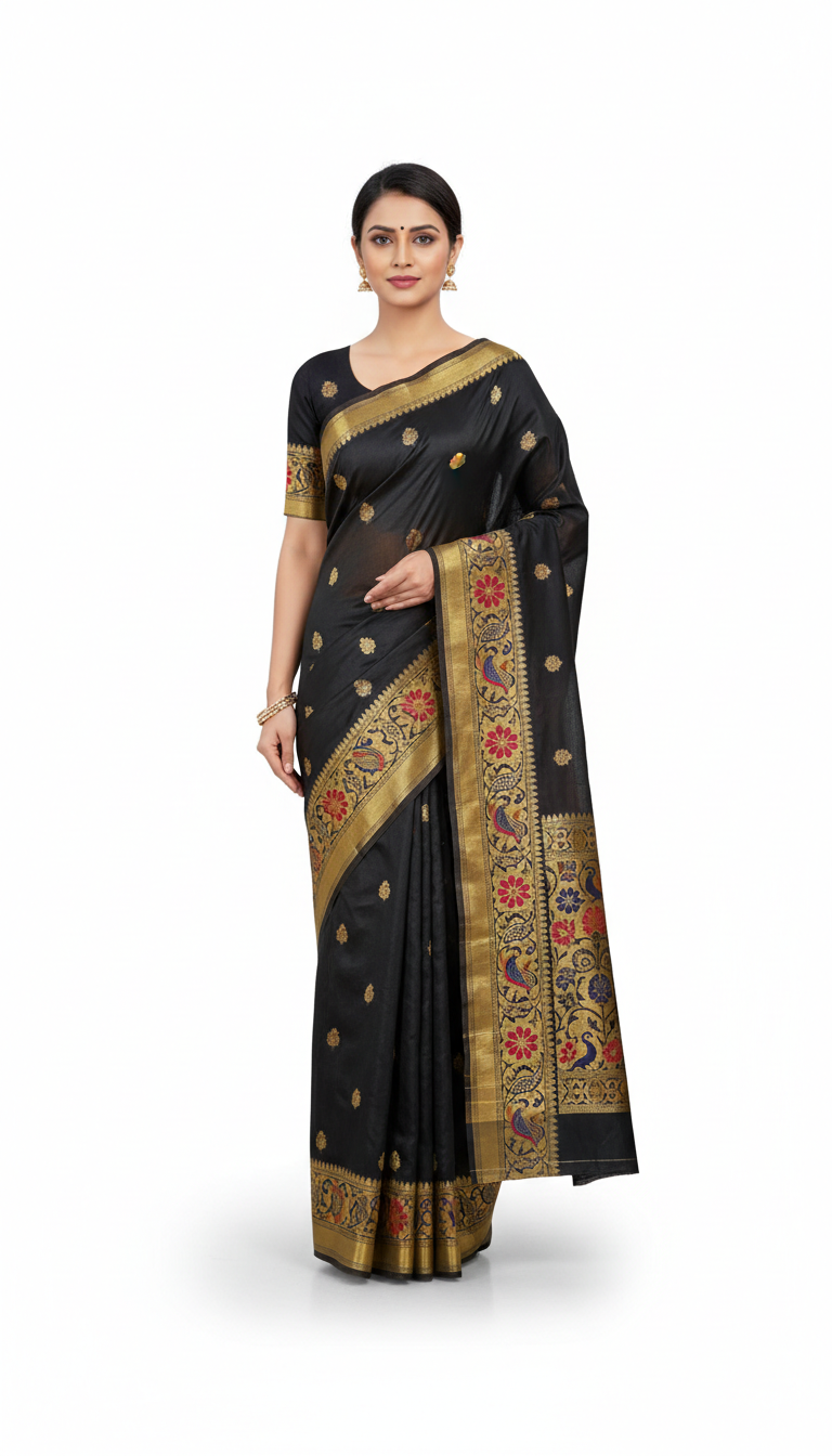 graphite black paithani silk saree