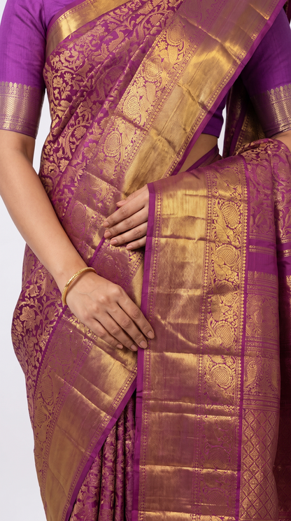 Purple Borcade Kanjivaram Silk Saree with Peacock Border AM201514 - Close-Up