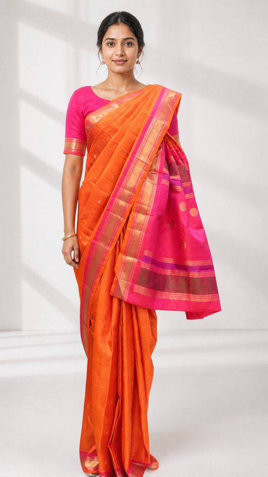 Woman wearing orange and pink Kanjeevaram saree with pure jari katam butta work