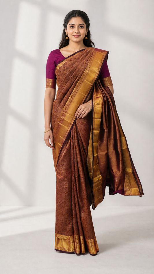 Woman wearing a Kanjeevaram majenta brocade silk saree with gold zari border