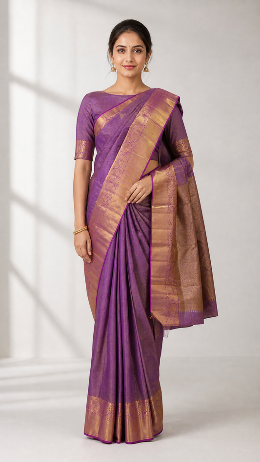 Woman wearing purple Kanjeevaram saree with gold zari tissue butta work