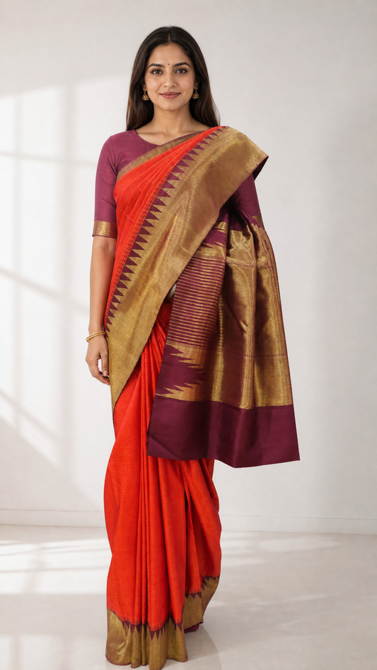 Woman wearing a red Kanjeevaram saree with gold zari border and paalam palam checks