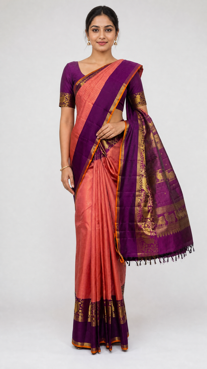 Model wearing Pure Peach Kanjivaram Body Kattam saree with magenta border and matching magenta blouse with zari work