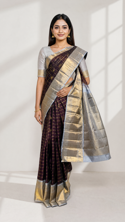 Woman wearing Kanjivaram Brown Checks saree with peacock buttas and grey border and pallu