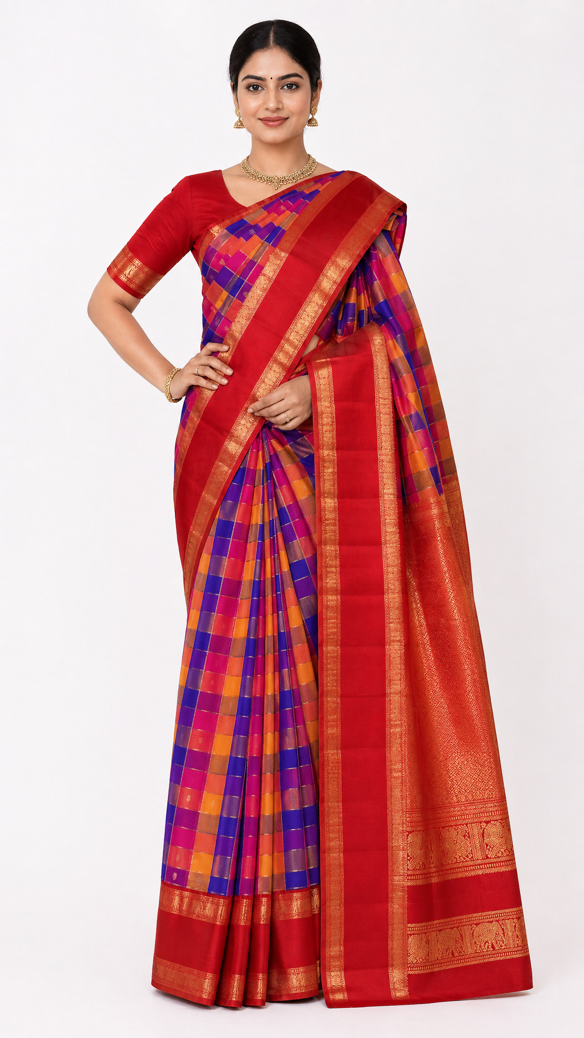 red and blue check handloom silk saree with gold border and wide pallu