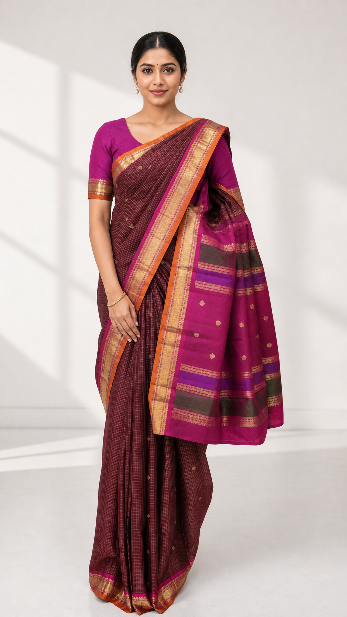 Woman wearing maroon and magenta Kanjeevaram saree with jari katam butta design