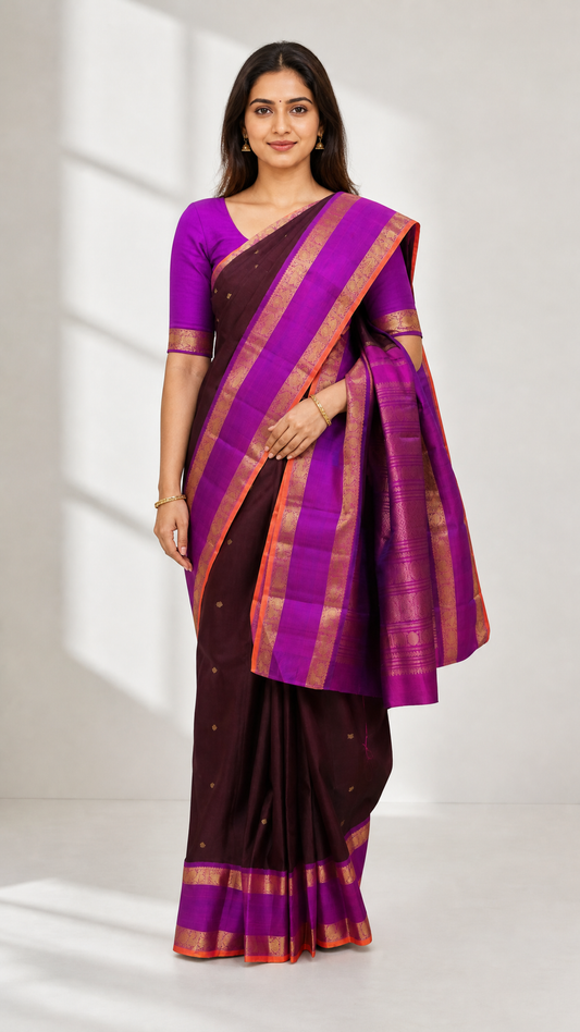 Woman wearing coffee brown Kanjeevaram saree with magenta border