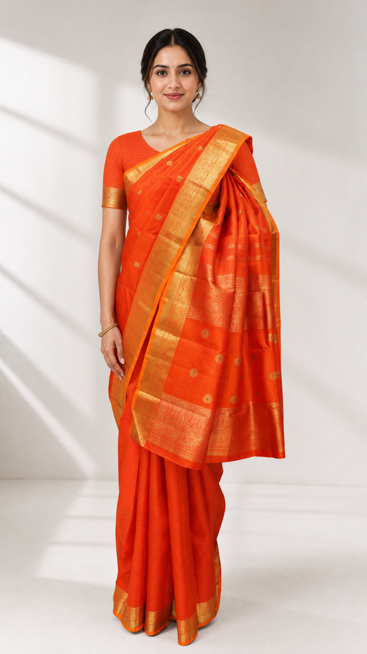 Woman wearing orange Kanjeevaram saree with gold zari oosi butta work