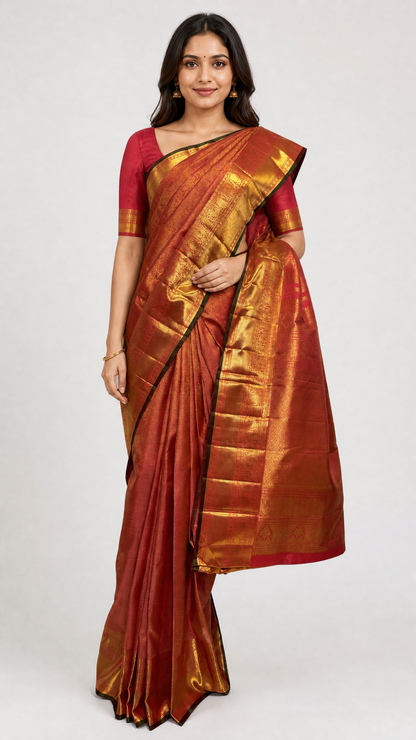 Woman wearing Heavy Red Brocade Kanjivaram Silk Saree with Peacock and Elephant motifs