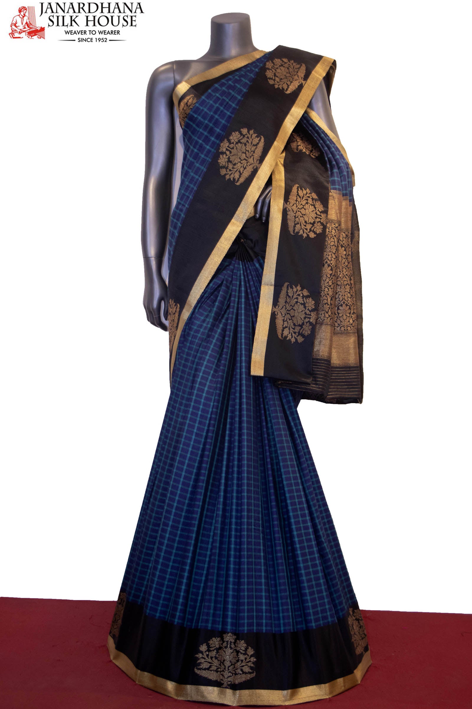 Handloom Checks &amp; Contrast Tussar Silk Saree AF204276