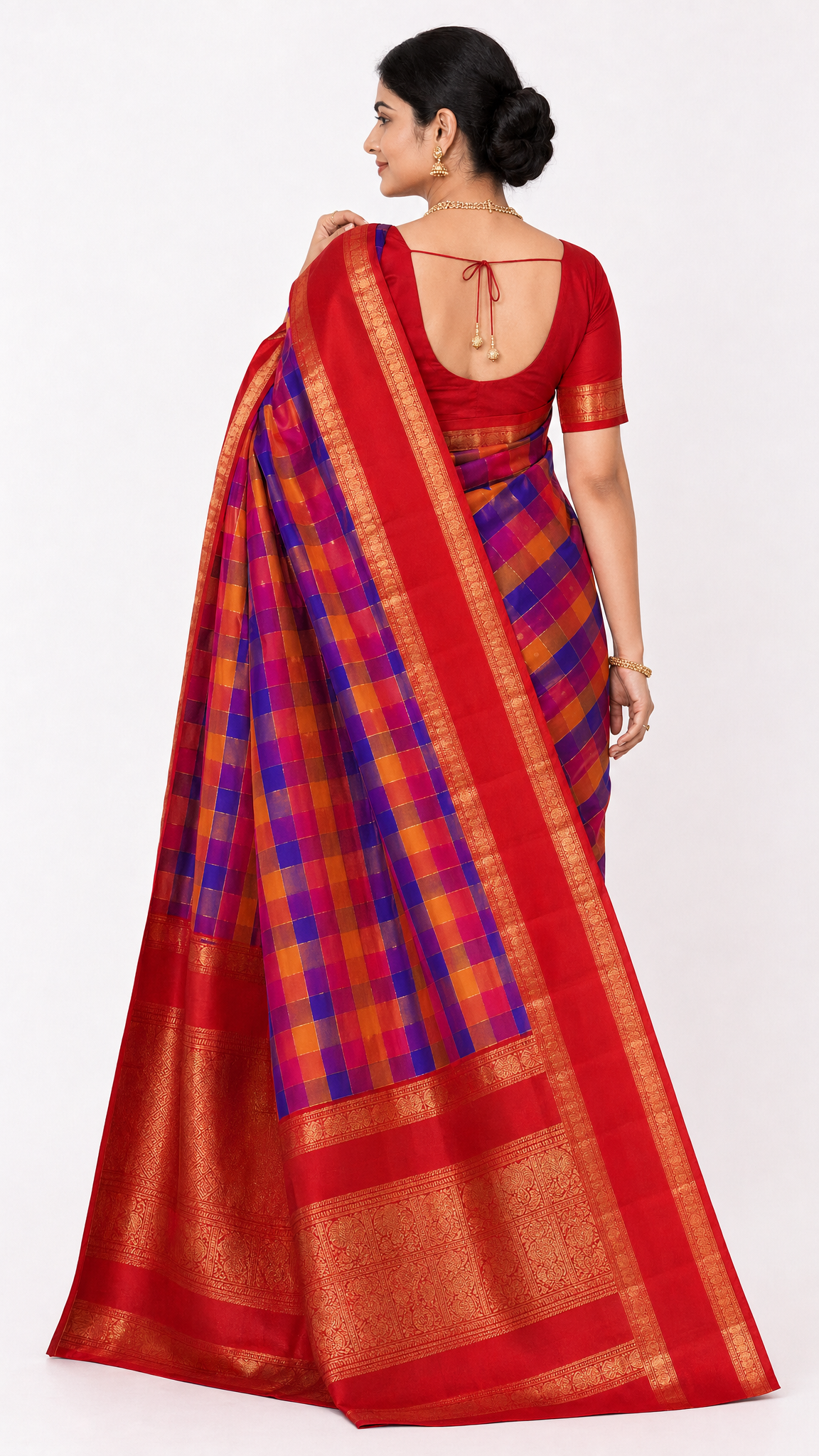 Back view of red and blue check handloom silk saree with gold border and pallu