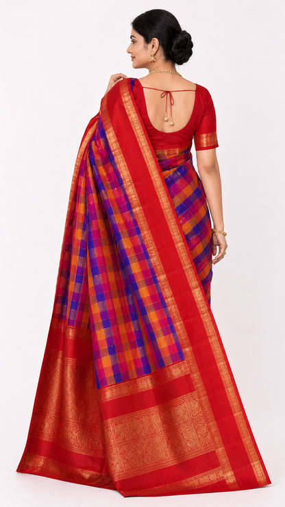 Back view of red and blue check handloom silk saree with gold border and pallu