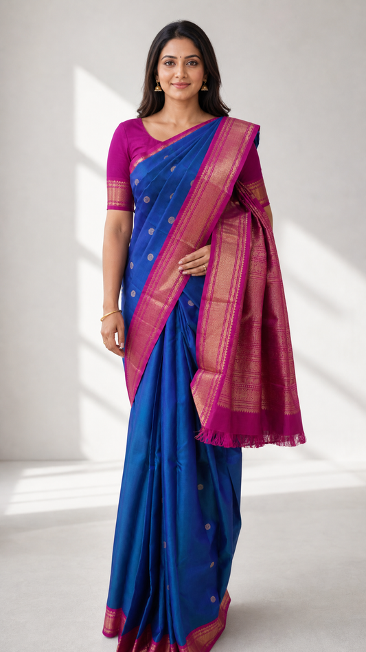 Woman wearing peacock blue Kanjeevaram saree with magenta zari border