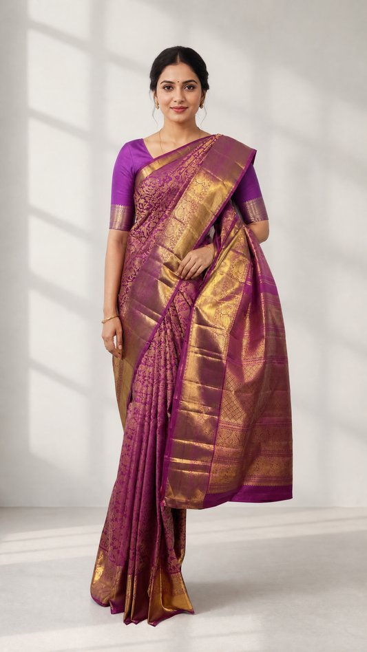 Woman wearing Purple Borcade Kanjivaram Silk Saree with Peacock Border