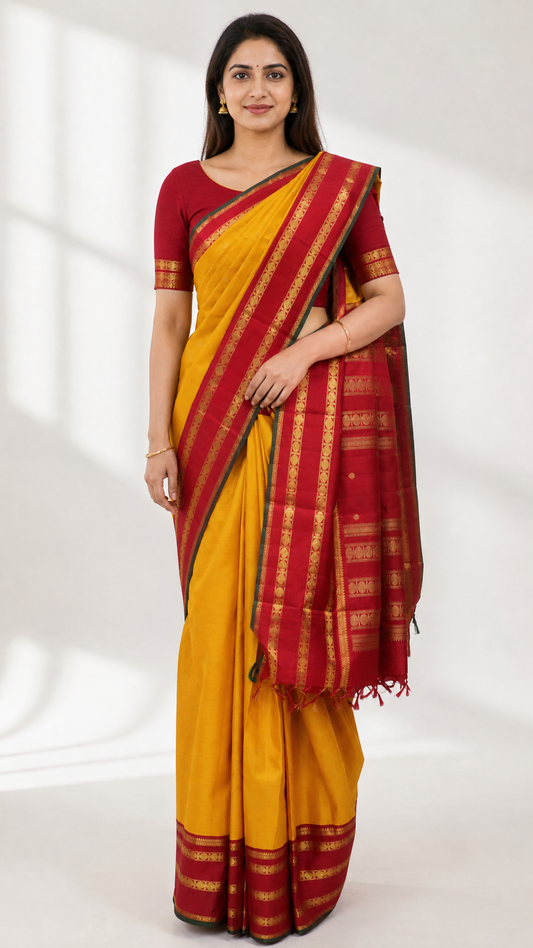 Woman wearing mustard Kanjeevaram saree with red Arraku korvai border