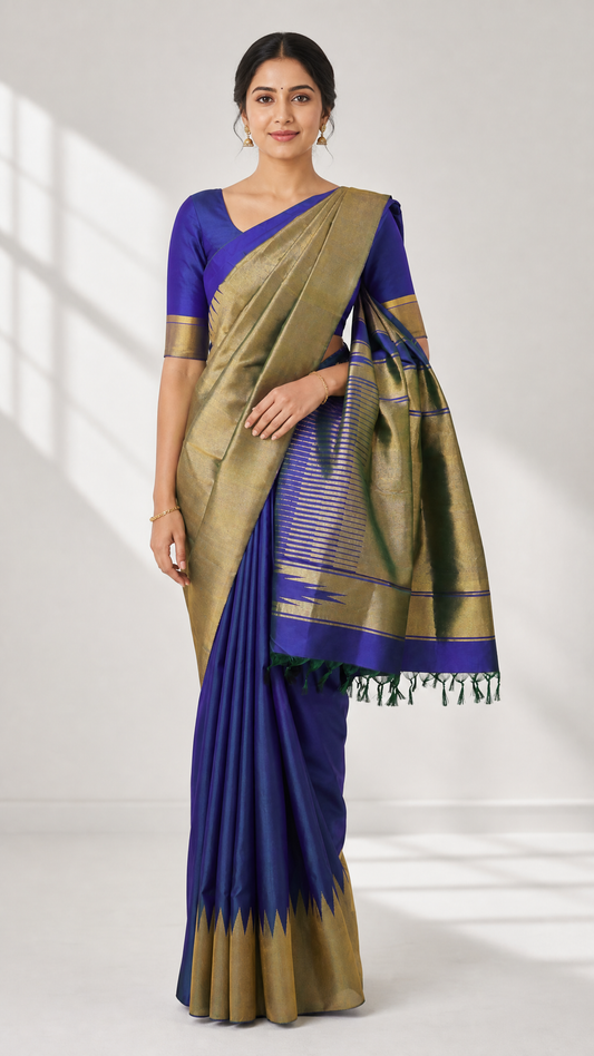 Traditional Kanjeevaram Raising Border Silk Saree in blue and gold worn by model