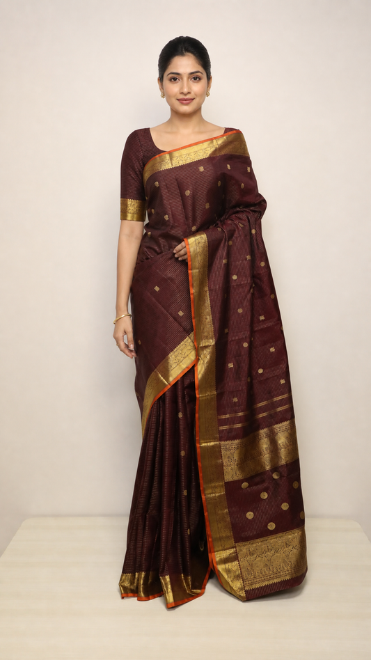 Woman wearing Coffee Brown Kanjivaram silk saree with all over zari lines butta and motif border