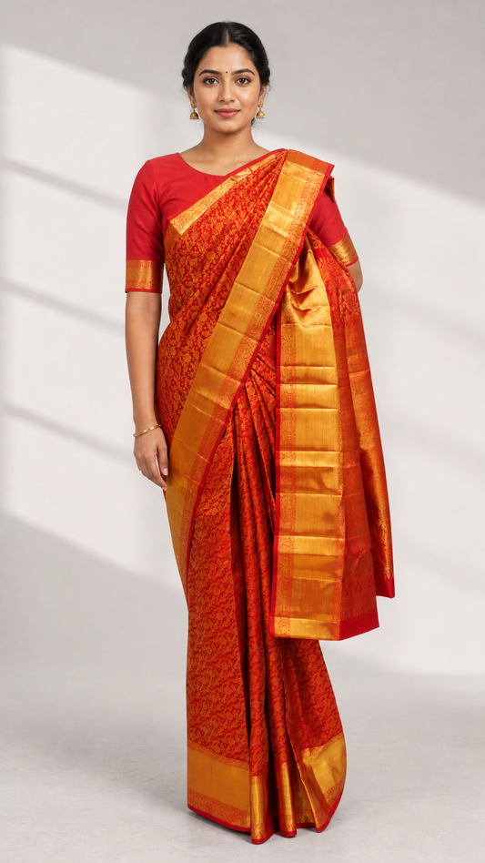 Woman wearing red and gold Kanjeevaram Arraku Brocade Saree