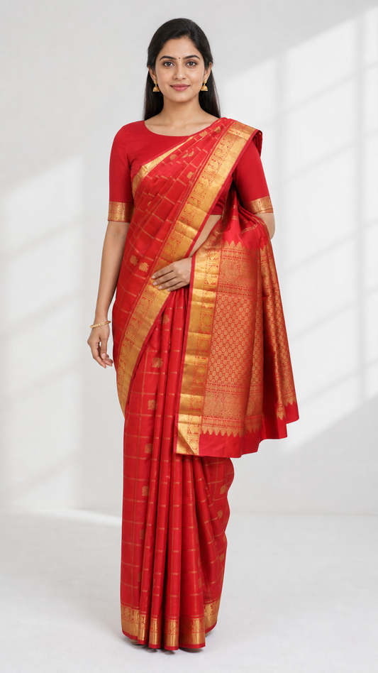 Woman wearing red Kanjeevaram saree with gold zari katam butta and traditional border
