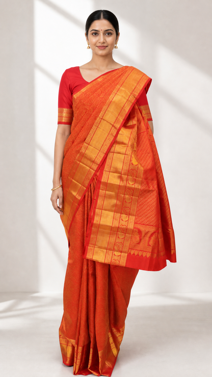 Model wearing Kanjeevaram chilly red brocade silk saree with gold zari border
