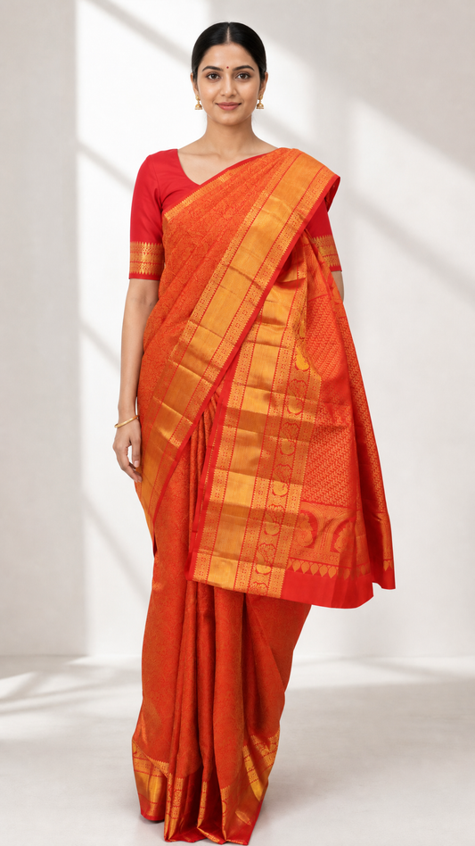 Model wearing Kanjeevaram chilly red brocade silk saree with gold zari border