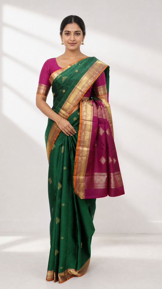 Woman wearing green and magenta Kanjeevaram saree with zari mandal butti design