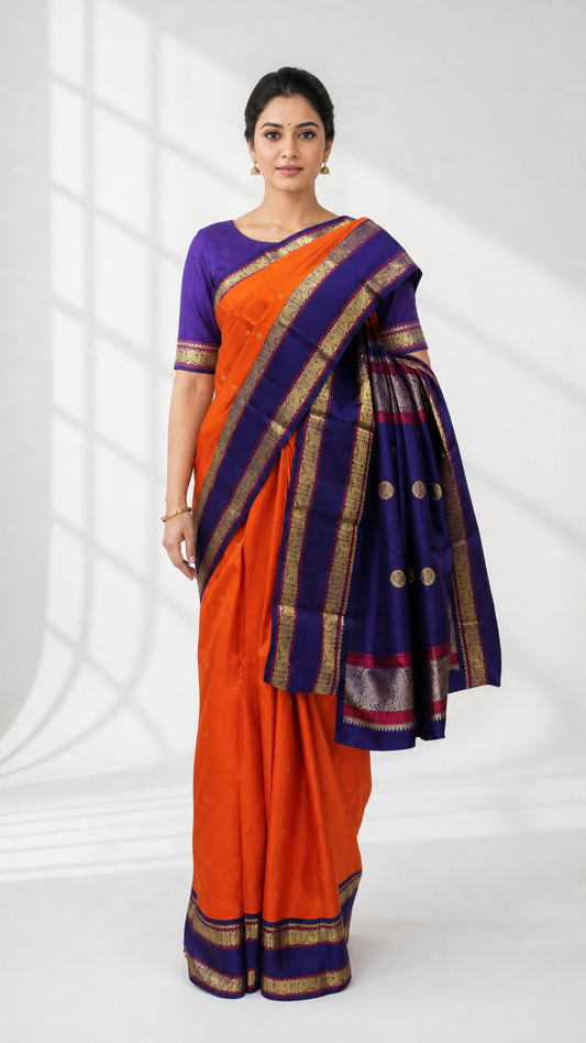 Woman wearing rust and navy blue Kanjeevaram saree with gold zari border