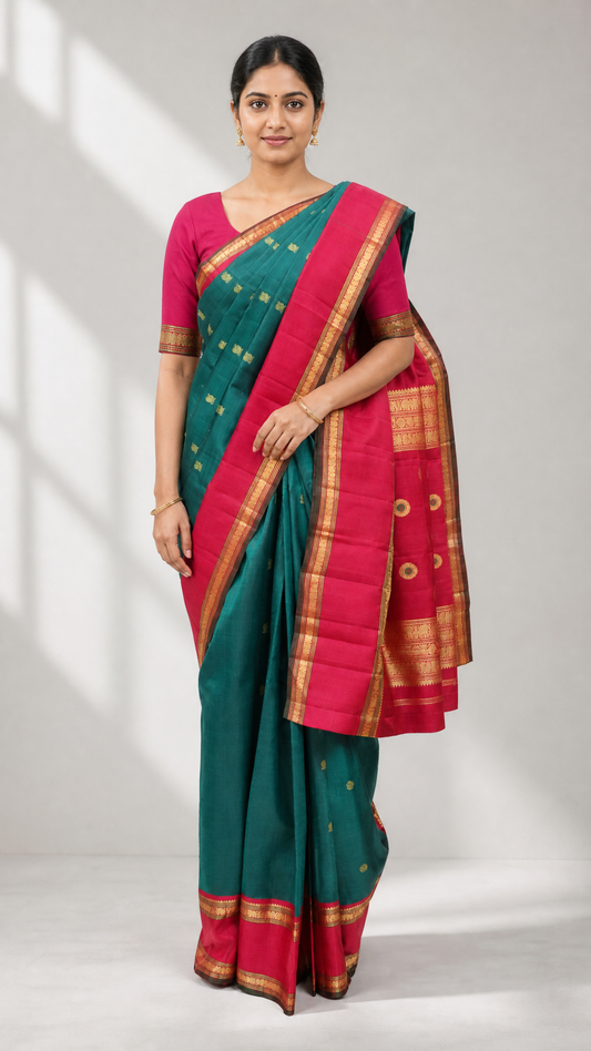 Woman wearing Kanjeevaram saree in rama green with Arraku color border and pure zari butta