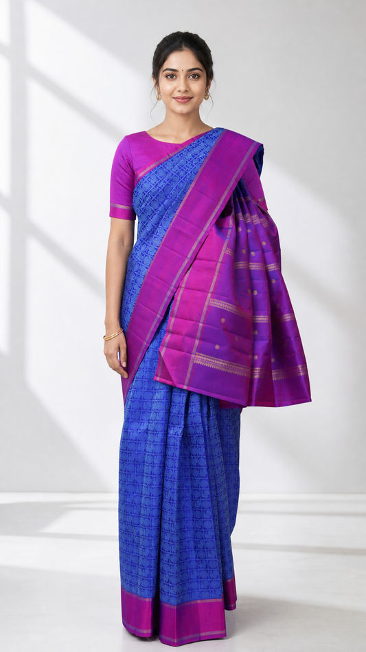Woman wearing blue and magenta Kanjeevaram saree with jari brocade