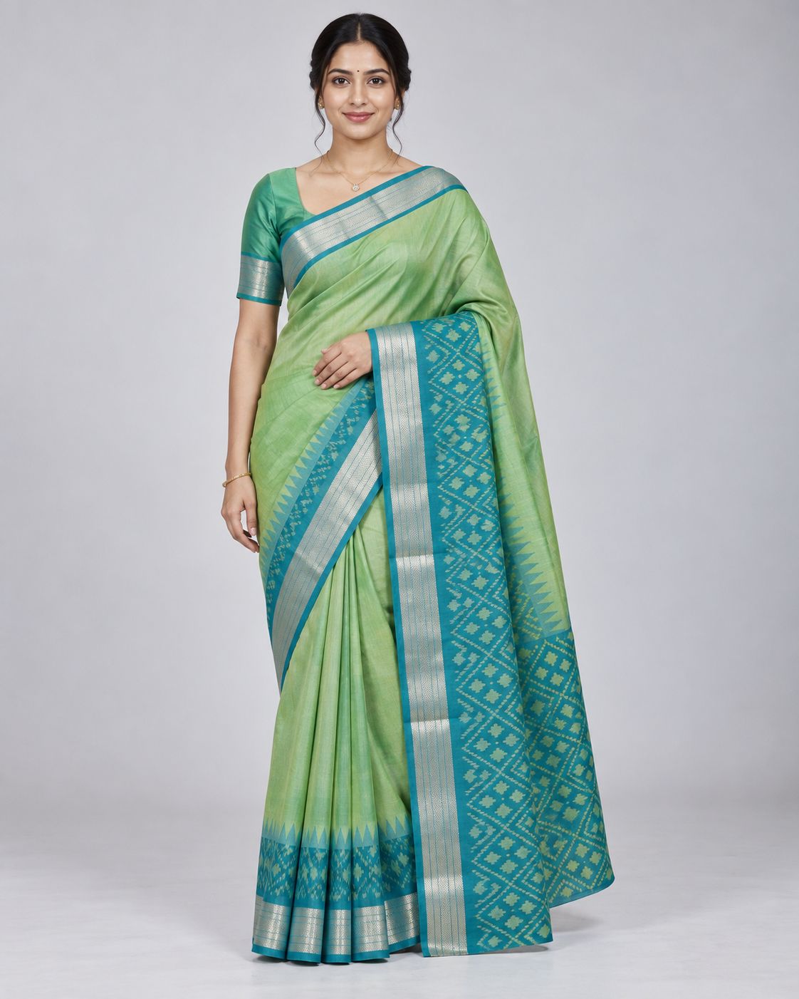 fancy green semi tussar with ocean blue border