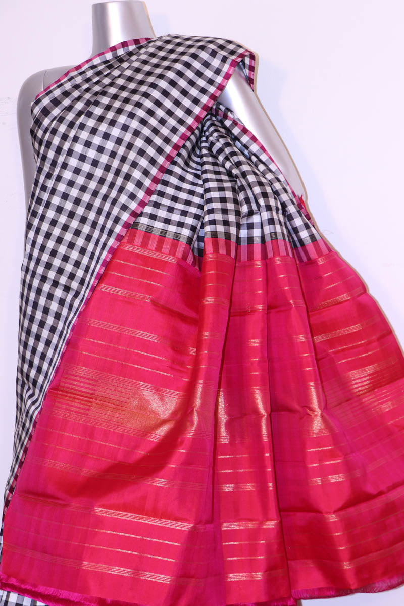 Black and White Checks Classic Kanjeevaram Silk Saree AI212271