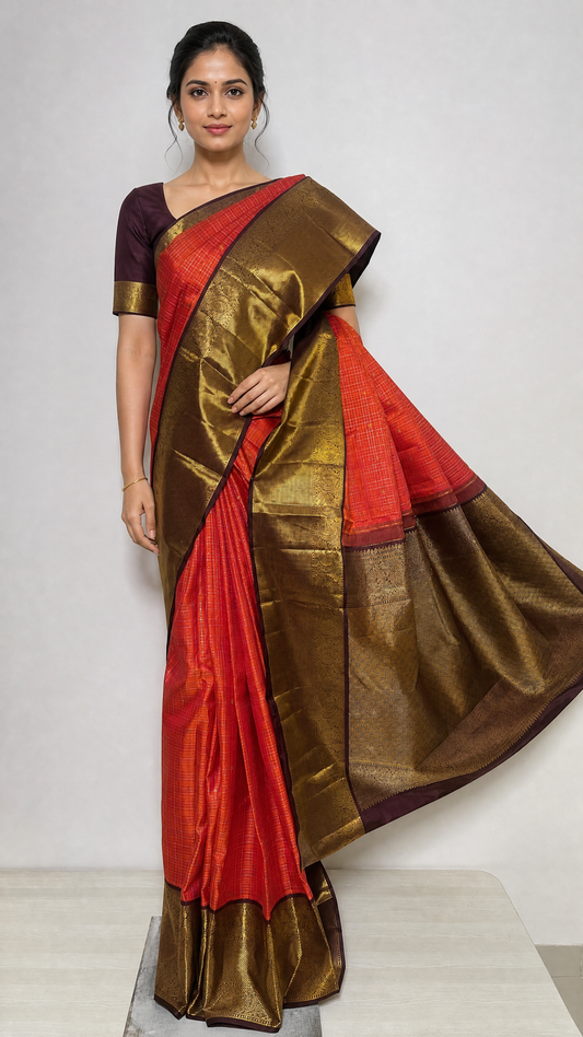 Model wearing Pure Zari Kanjivaram Body Kattam Butta saree with Korvai border