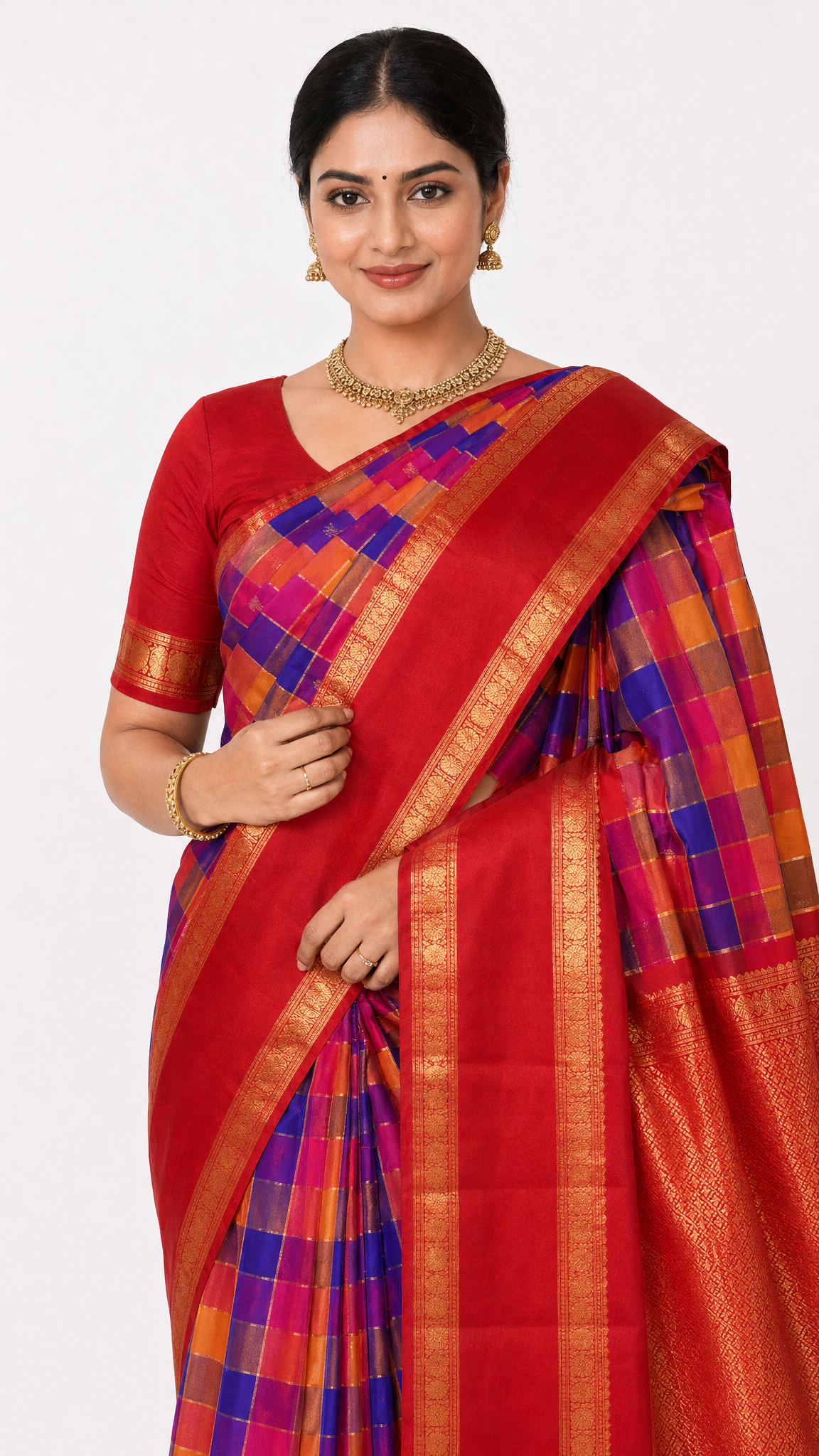 Pallu of red and blue check handloom silk saree with gold zari border