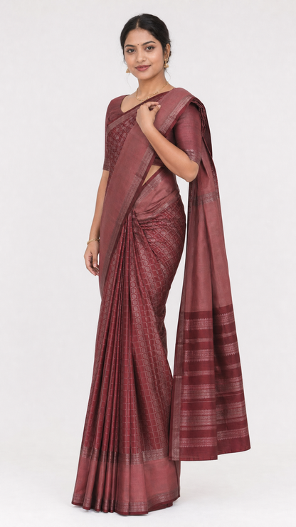 Maroon silk saree with patterned blouse and draped pallu with striped border