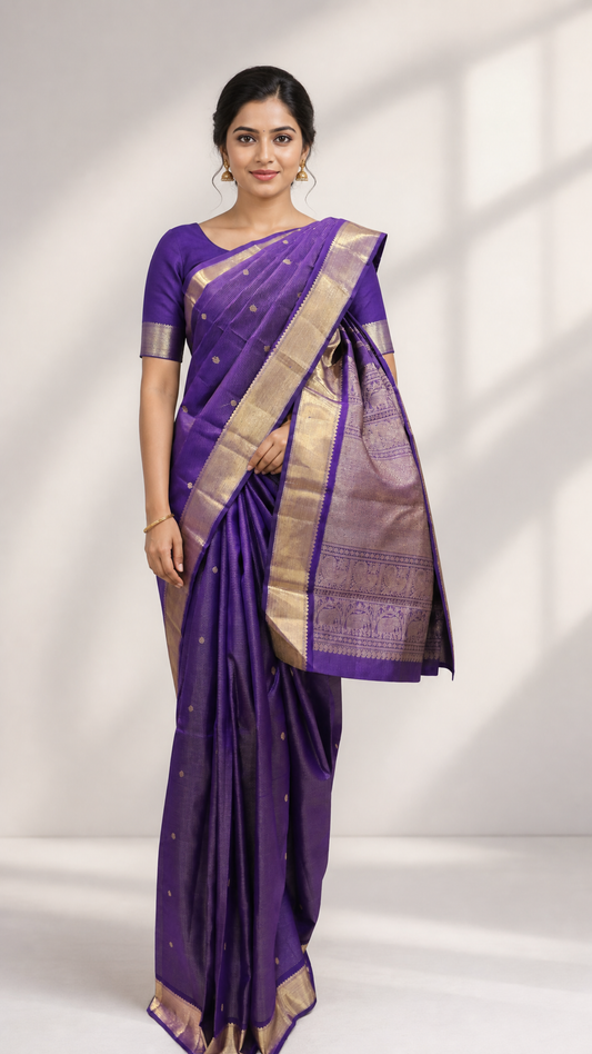Woman wearing purple Kanjeevaram saree with jari oosi butta design