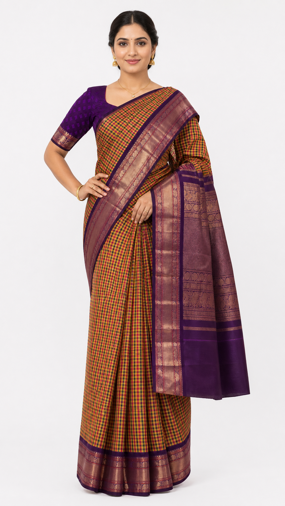 Kanjeevaram silk saree, orange check body with purple and maroon border, draped