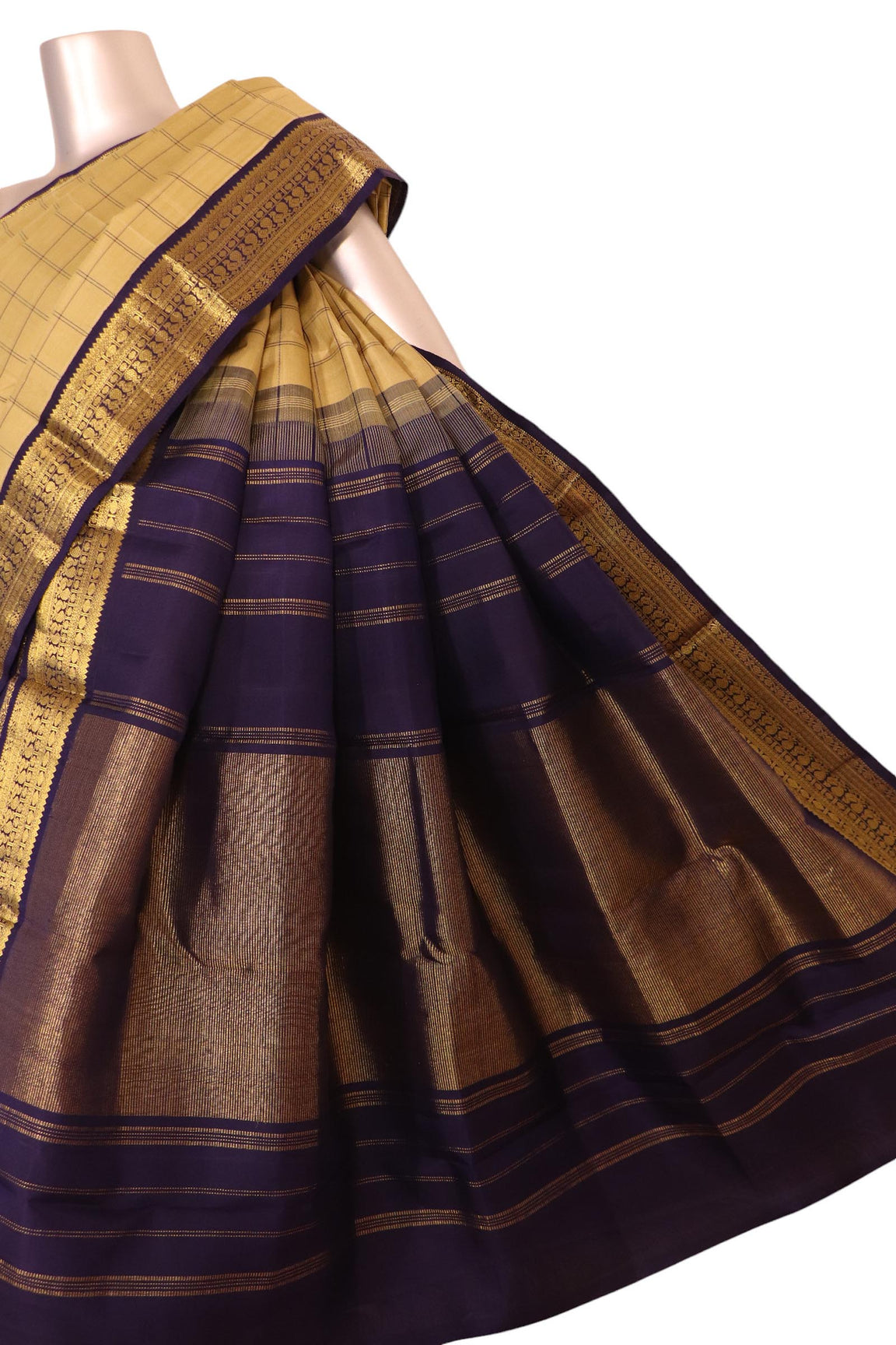 Pure Handloom Double Checks Kanjeevaram Silk Saree AK203106
