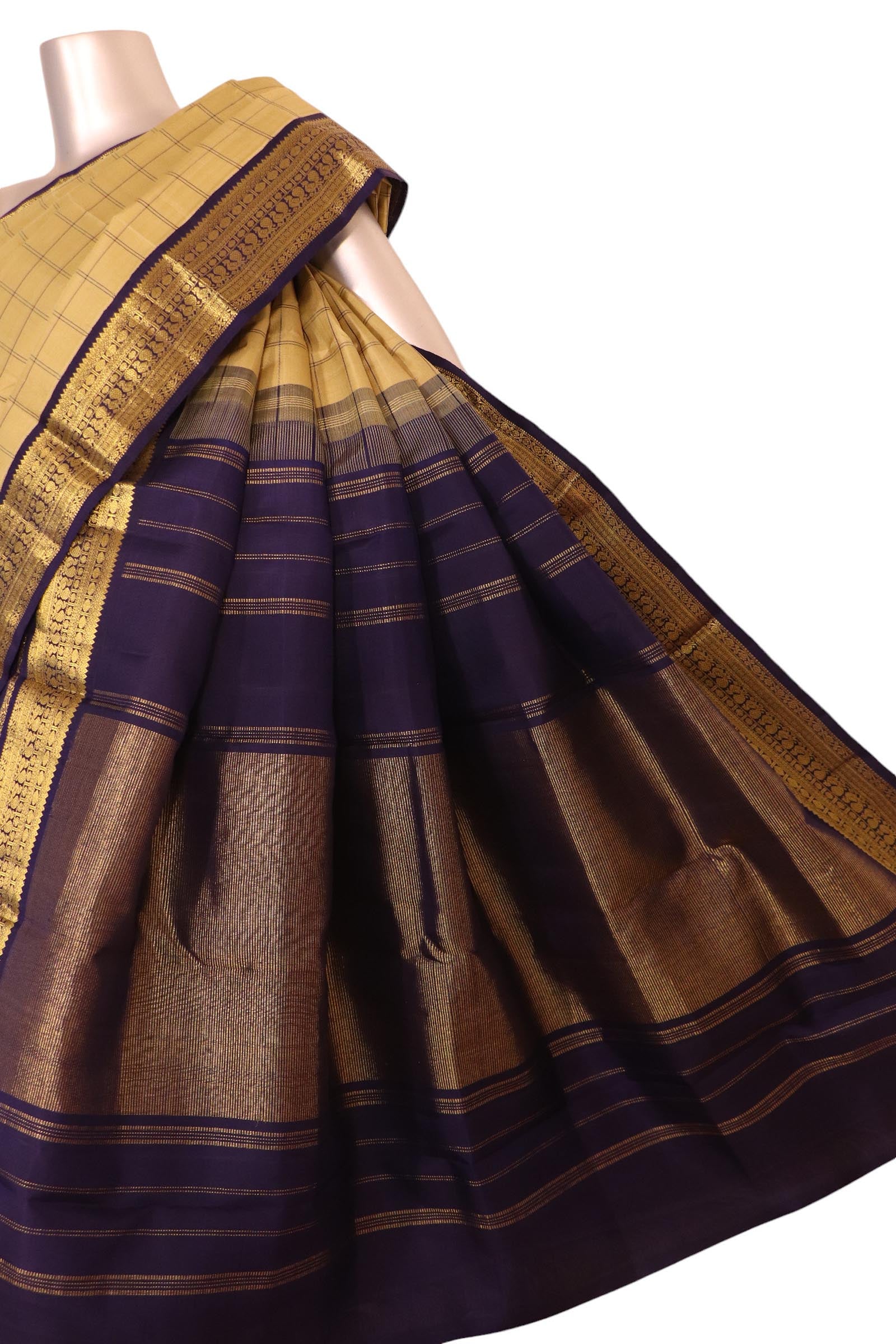 Pure Handloom Double Checks Kanjeevaram Silk Saree AK203106