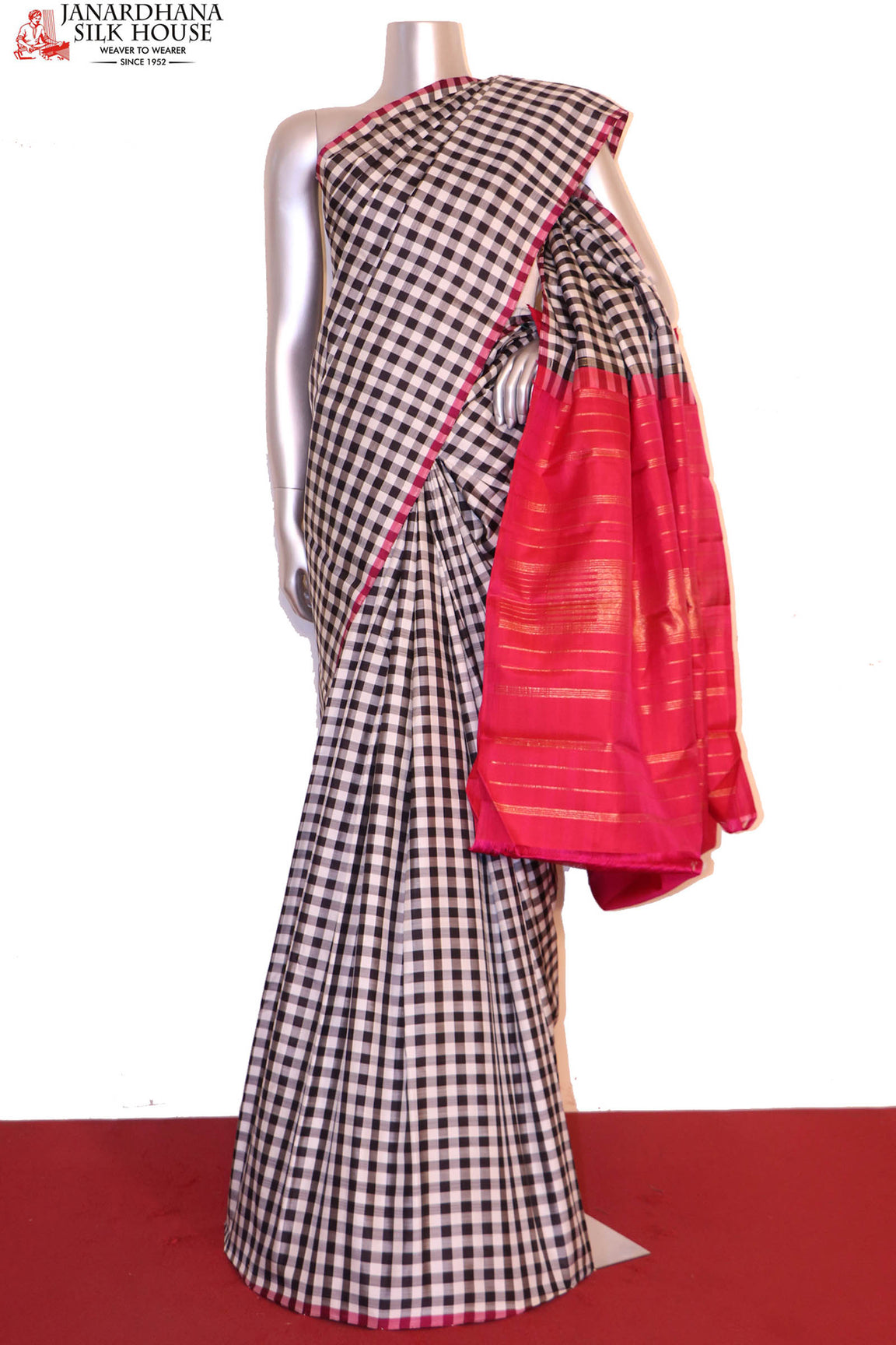 Black and White Checks Classic Kanjeevaram Silk Saree AI212271