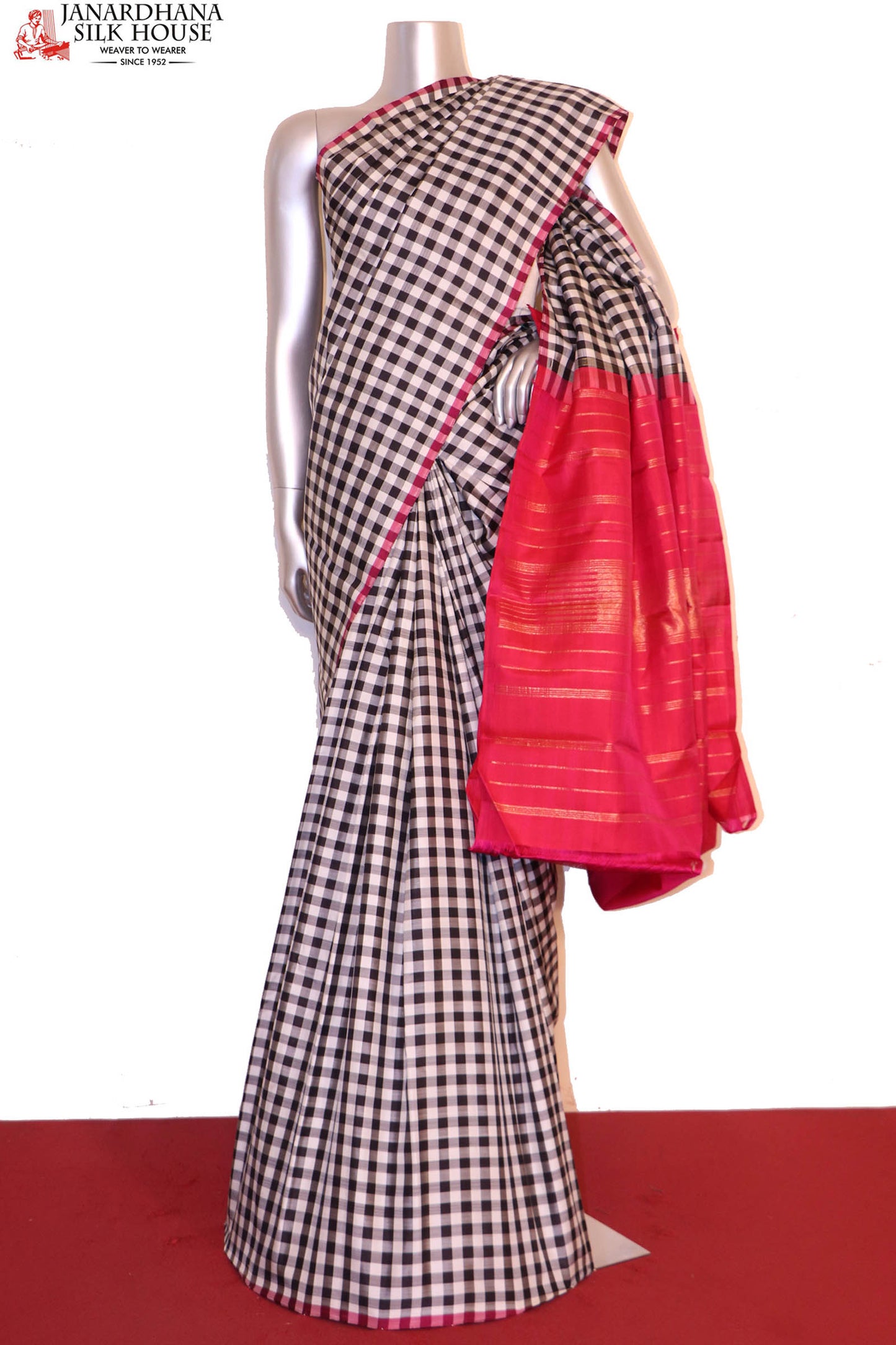black and white checks classic kanjeevaram silk saree ai212271