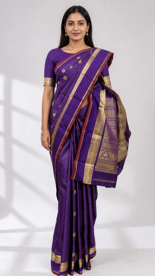 Woman wearing a purple Kanjeevaram saree with pure jari katam butta and traditional Kalakhetra border