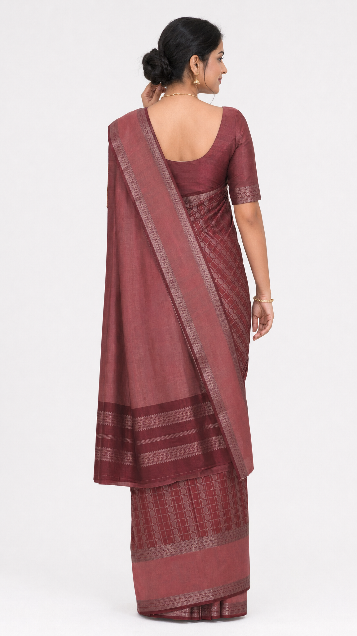 Maroon Kanjeevaram silk saree back view with woven panel and wide border