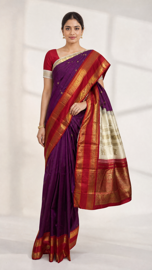 Woman wearing Purple Pure Kanjivaram silk saree with red Bentex border and double coloured pallu in maroon and off white