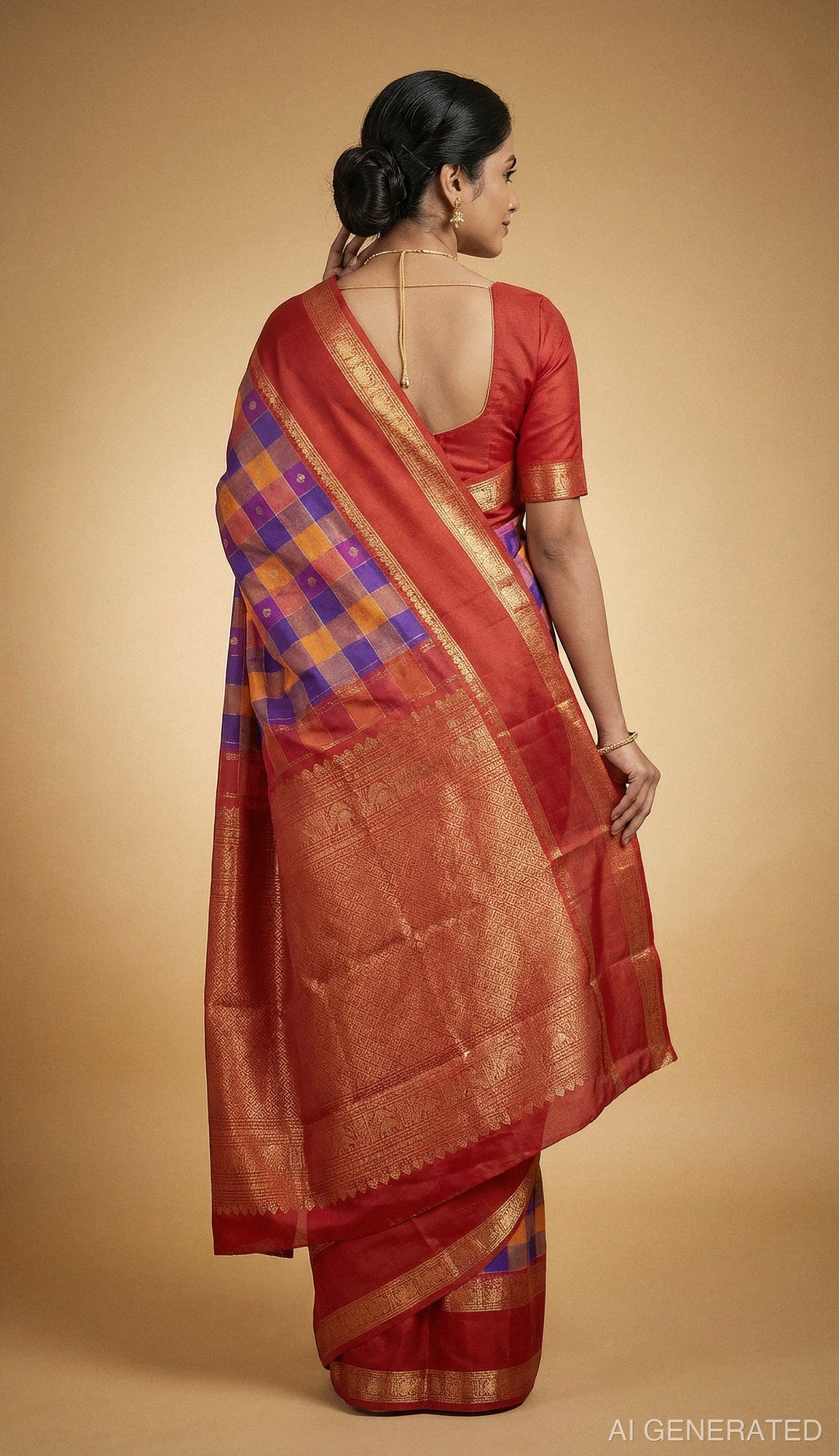 Kanjeevaram silk saree back drape in maroon with purple check pallu and gold border