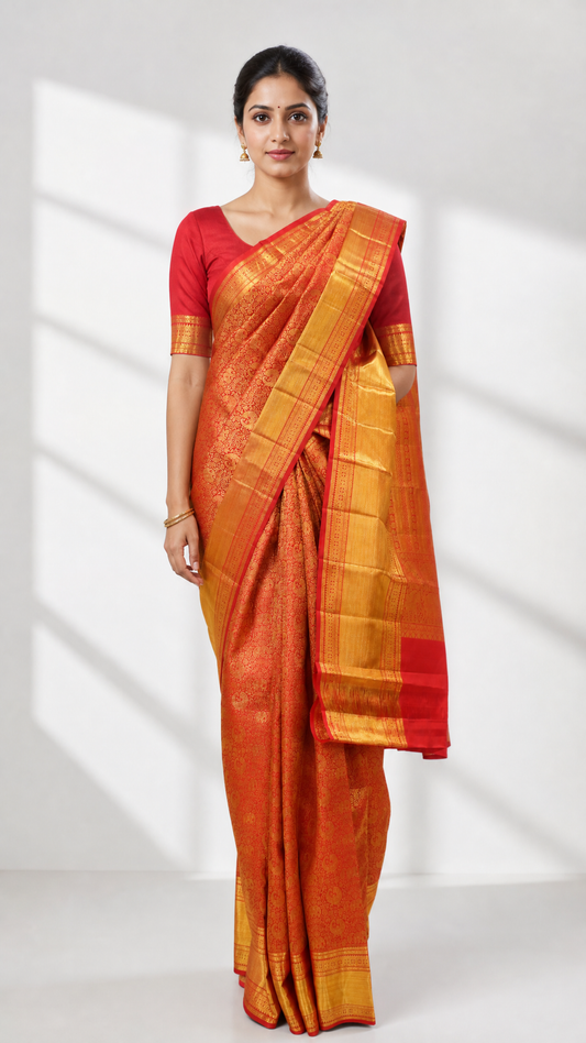 Woman wearing red and gold Kanjeevaram Arakku Brocade Silk Saree